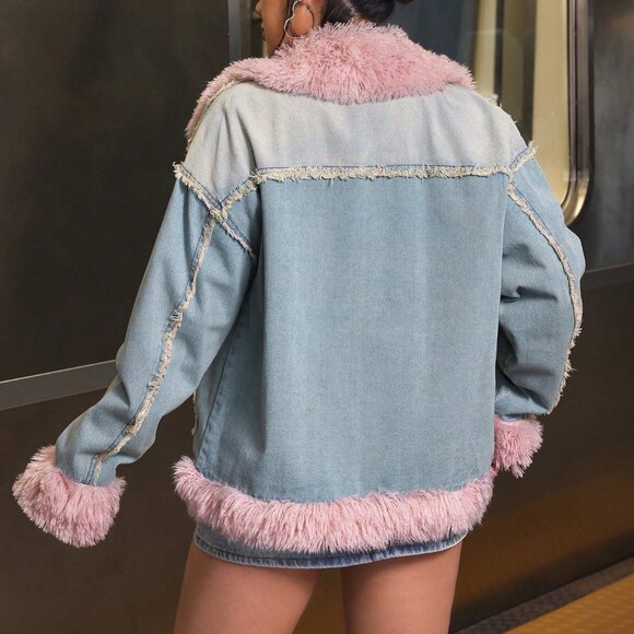 Blue Casual Women's faux fur Pocket detaile Long Sleeve Denim Jacket - Picture 3 of 8